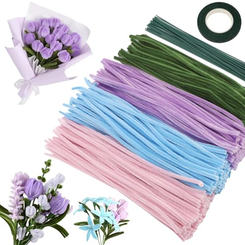 Pfeifenputzer zum Basteln 400 Stück, 4 Farbe Pfeifenreiniger, Pipe Cleaner Flower Set mit Grüne Klebeband und Grüne Blumenstöcke für Muttertag Valentinstag Jahrestag Basteln und Blumenstrauß DIY