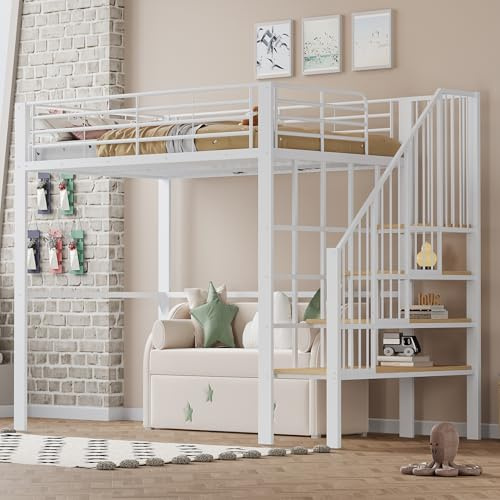 ZYLOYAL10 Loftsäng stabil metallkonstruktion med rymligt förvaringsutrymme under sängen och trappan. Perfekt för barn och vuxna förvaringssäng för maximal utrymmeseffektivitet (vit, 140 x 200 cm)