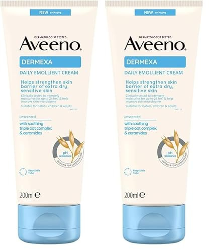 Aveeno Dermexa Daily Emollient Cream (200 ml), crema emoliente de uso diario, crema hidratante facial para piel atópica, loción corporal para pieles propensas a eczemas (Paquete de 2)