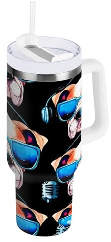 RPLIFE Bulldog Occhiali da sole neri 1,18 once Tumbler con manico e cannuccia, bicchiere da caffè da 850,5 g, bicchiere da caffè da donna