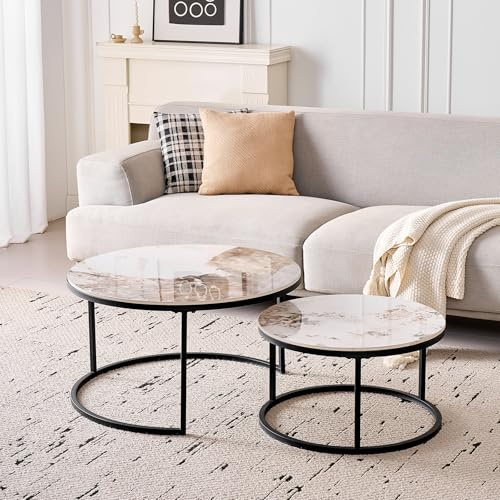 DEYARNA HOME Runden Couchtisch 2er Set, Moderne Satztische mit Keramikplatte (Keine MDF-Platte), Ideal für Wohnzimmer, Schlafzimmer, Balkon und Büro (Pandora+Schwarz), 50+70cm
