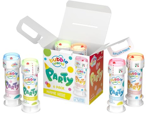 Bubble World - Party Bubbles Pack - Bulles de Savon pour Enfants - Lot de 6 pièces de 60 ML - Tubes Blancs avec souffleur Rouge intégré - Gadget Anniversaire - Fabriqué en Italie