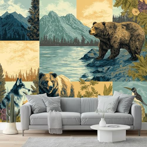 Fotomurales Montaña y bosque, animales, collage, naturaleza Papel pintado tejido no tejido decoración Pared decorativos 300 x 210 cm Sala Cuarto Oficina Salón Decoración Casa Azul Marrón