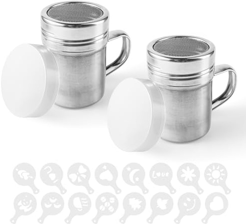 2Pcs Powder Flour Shaker Stainless Steel, Chocolate Shaker with Fine Mesh, with 16 Molds, Sifters for Icing Sugar, Salt, Cappuccino, Cocoa, Creams, Spice