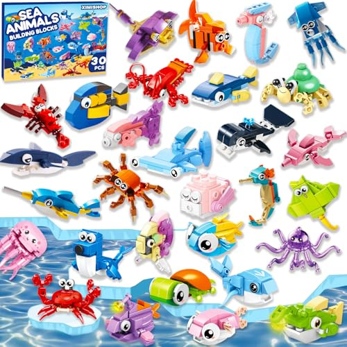 XIMISHOP Mitgebsel Kindergeburtstag Gastgeschenke, 30 Pack Mini Bausteine Tiere Party Animals Meerestiere Konstruktionsspielzeug Baustein Spielzeug Set für Geburtstag Party Geschenke für Über 6 Jahre