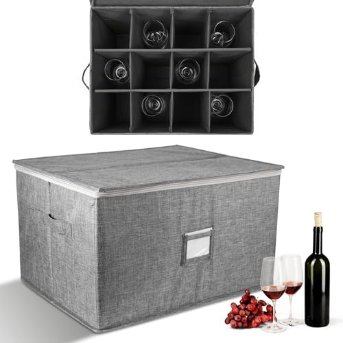 OUZHOU Wine Glass Storage Box with 12 Dividers, Stemware Protector Carrier, Wine Glass Storage Case with Label Window, Glassware Case Container for Wine Glasses, Kitchen Party Travelling Camping