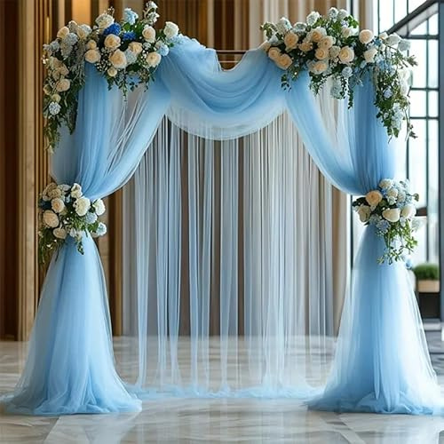 SHUOHONG Cenefa de Boda Cortinas, 75 x 600 cm Cortina de Arco de Boda, Cortina Transversal de Tul Transparente, Decoración a Mano Mosquitera para Fotografía, Fiesta, Cumpleaños (Azul Claro)