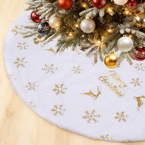 SKYYUE Gonna Albero di Natale Bianco, 115cm Tappeto Albero di Natale Peluche Copri Base Albero Natales, Copertura Base Albero NatalE con Paillettes Oro di Fiocco di Neve, Alce, Merry Christmas (Oro)