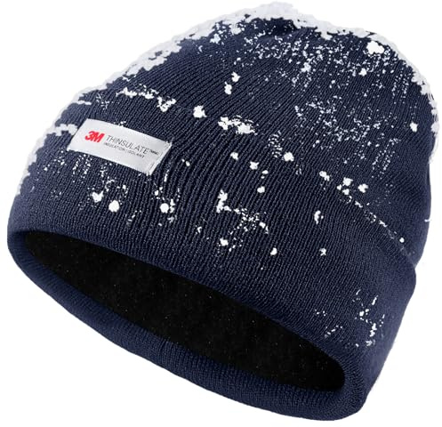 Waterproof Winter Fleece Lined Beanie Hat for Men Women Warm Knit Cuffed Beanie Thick Skull Cap Unisex Windproof Watch Hat Navy Blue