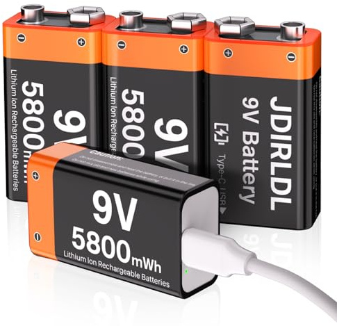 (5800mWh) Rechargeable 9V Batteries, New Upgrade High Capacity Lithium 9 Volt Battery Replacement for Smoke Alarm,Multimeters,Walkie-Talkie,Toys etc, with 2 in 1 USB-C Cable - 4 Pack