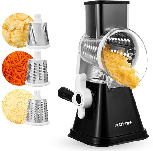 Nutrichef Râpe à Fromage 3 en 1 avec Base à Succion Forte – Râpeuse Rotative Manuelle avec Verrou de Sécurité, Manivelle et 3 Lames Tambour pour Râpage Fin, Moyen et en Bandes