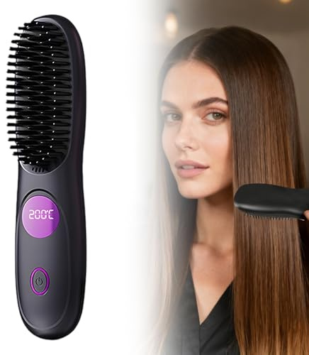 Lisseur Cheveux, Brosse Lissante Sans Fil, Mini Lisseur Sans Fil Rechargeable, Brosse Chauffante Portable, Cüramique Peigne Lissant une, Fer à Lisser 160/180/200℃ (Noir)