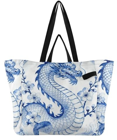 Tygväskor kanvas med handtag kök matvaror väskor Momlife tygväska för kvinnor moderskap leveranssats Essential Blue - och - vit kinesisk drake på tallrik