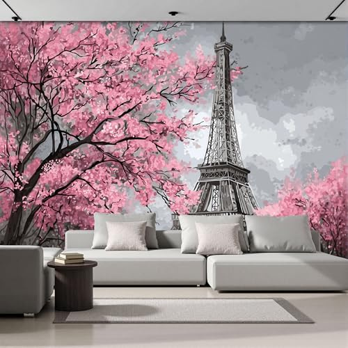 Carta Da Parati Fotografica Famosa Torre Eiffel 3D Effetto Alberi Ciliegio Fiore Design Carta Tessuto Non Tessuto TNT Grigio XXL Fotomurale per Soggiorno Camera Letto Studio Decorazione, 500×350cm