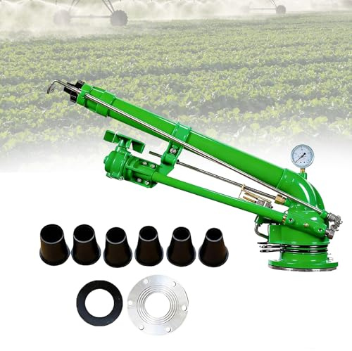 Aspersor de riego agrícola de 2 pulgadas, pistola de riego giratoria de 360° con manómetro/7 boquillas, pulverizador de riego de gran superficie, para granjas, césped, jardines de té, huertos, silvicu
