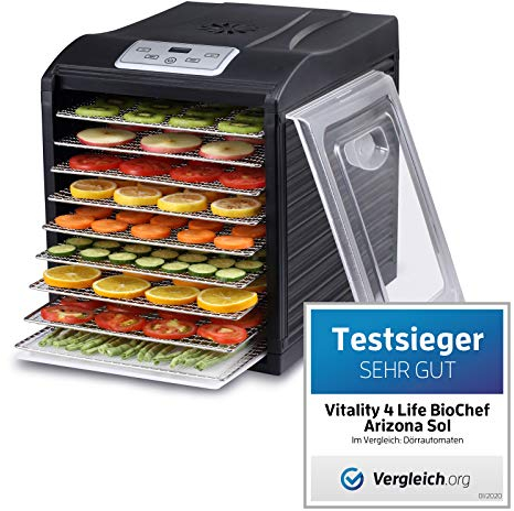 Deshidratador de alimentos BioChef Arizona Sol 9 bandejas – 700W, Temporizador 19.5h, Temperatura 35-70º, Bandejas Acero Inoxidable, BPA Free, Garantía 3 años (Negro)