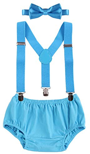IBTOM CASTLE Newborn Baby Boys Toddlers Cake Smash Outfit Shorts Bloomers Bowtie adjustable Elastic Y Back Suspenders Photo Props Children Kids Unisex Braces 3pcs Set Light Blue one size