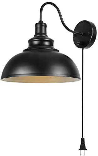 Merlight Gooseneck Wall Lamp Black Industrial Vintage Farmhouse Wall Sconces Lighting Wall Light Fixture with Plug in Cord and On Off Switch for Bedroom Nightstand