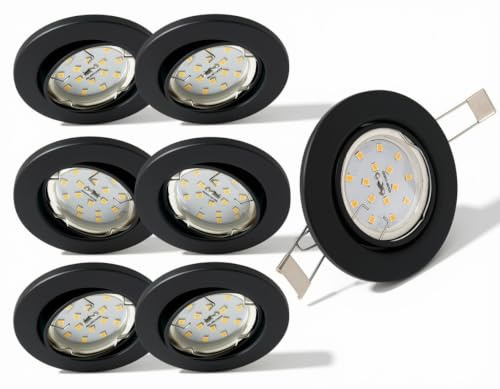Trango 6er Set LED Einbaustrahler in Schwarz matt Rund 6729-065MO Bad Einbauleuchte, Deckenstrahler, Einbauspots, Deckenlampe incl. 6x 3000K warmweiß LED Modul Ultra Flach nur 3cm Einbautiefe