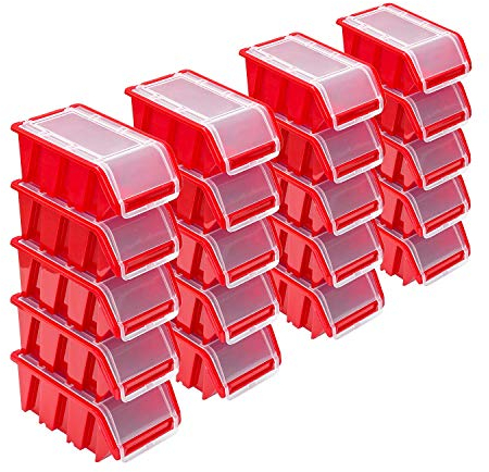Stapelboxen Set – 20x Stapelbox mit Deckel 155x100x70 mm – Sichtbox Stapelbox Lagerbox, Rot