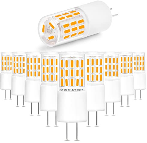 Ziomitus G4 3W LED Landscape Light Bulbs 12V-24V Warm White 2700K,G4 20 Watt 25W 30W T3 Halogen Replacement,Low Voltage T3 JC Bi-pin Bulb for RV Boat Yacht Courtyard Path,No Flicker,330 LM(10Pack)