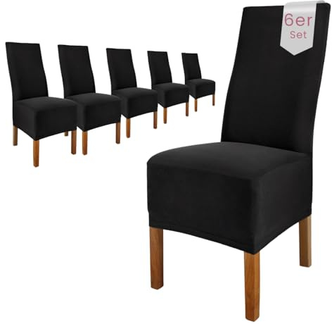 Scheffler Home Stuhlhussen 6er Set Schwarz Jersey Baumwolle Emma | Waschbare Stuhlbezüge, Stretch Chair Cover für Hochlehner, Polsterstühle und Esszimmerstühle, Öko-Tex zertifiziert