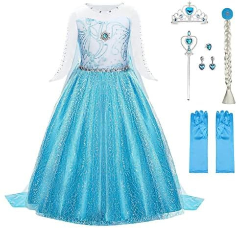 URAQT Robe de princesse avec couronne, baguette, gants et diadème, costume avec accessoires pour fille, déguisement pour carnaval, Halloween, cosplay, 140