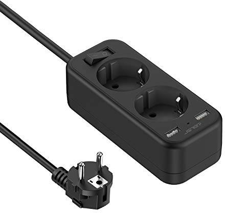 JSVER Multiprise USB 2 Prises avec 2 Ports USB 2.4A Chargeur de Voyage Multiprises Electrique (3680 W/16 A) avec Interrupteur Cable 1.5m, Prise USB Convient avec Phone, Pad-Noir