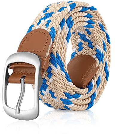 XZQTIVE Stoffgürtel Stretchgürtel Elastik Flechtgürtel Geflochtener Elastischer Dehnbarer Gürtel für Damen und Herren, beige weiß blau, M 74cm-84cm(100cm)