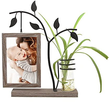 Afuly Bilderrahmen 13x18 Holz Vintage Fotorahmen Braun Picture Frame mit Vase und Metall Baum Tisch Deko Wohnzimmer Geburtstag Hochzeitsgeschenk Geschenke für Frauen Mama Oma Freunde Famili Couple