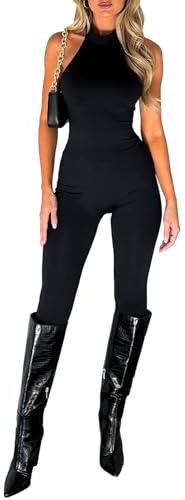 Loalirando Tutina Donna Aderente Tuta Intero Donna Sexy Collo Alto Bodycon Senza Manica Jumpsuit Senza Schienale Slim Fit Elegante Playsuit Sportiva (Nero, M)
