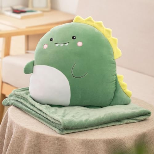 SMIUPIN Cuscino e coperta da divano con animali di flanella, 2 in 1 coperta da viaggio portatile e set di cuscini per il campeggio e l'ufficio (Dinosauro)