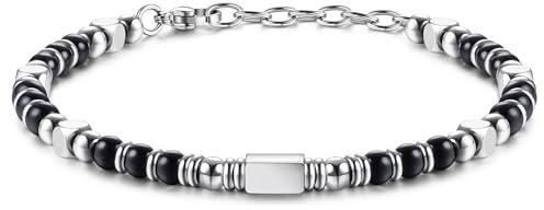 LOLIAS Armband Herren Perlenarmband Damen Obsidian Edelstein Armbänder Edelstahl Armband Beste Freundin Damen Geschenke Schmuck Armband Silber 4MM