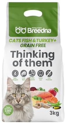 BREEDNA - Cat Adult Fish&Turkey+ 3kg | Pienso para Gatos 100% Natural | Salmon, arenques y Pavo | Comida Hipoalergénica | Pienso para Gato Adulto