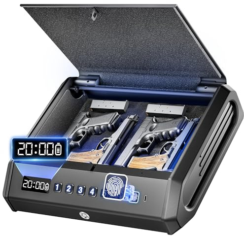 Large Biometric Gun Safe fits 4 pistols, 100 Sets of Fingerprint Handgun Safe with Internal Light & Silent Mode, Gun Lock Box for Home Bedroom Bedside Nightstand and Car, Emergency Charging, TOPMEDA