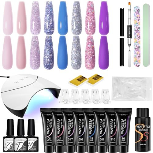 VANREESA Kit Unghie Gel Completo, 8 Colori 15ml Blu Viola Kit Ricostruzione Unghie, Set Unghie Gel Ricostruzione con 36W U V Lampada, Base e Top Coat, Regali per Principiante