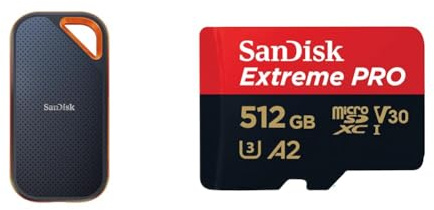 SanDisk Extreme PRO Portable SSD Externe SSD 2 TB & Extreme PRO microSDXC UHS-I Speicherkarte 512 GB + Adapter & RescuePRO Deluxe