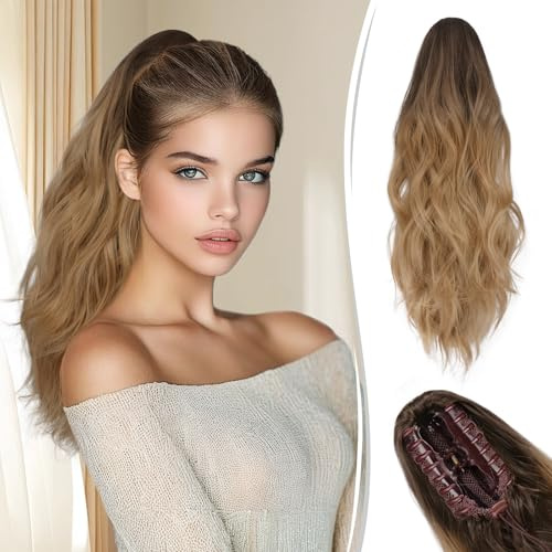 RUWISS Pferdeschwanz Haarteil mit Klammer, 45cm Gewellte Claw Clip in Pferdeschwanz Haarverlängerungen Lange Synthetik Lockigen Ponytail Extension für Frauen, Aschbraun Ombre Blond
