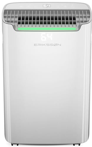 Erikssøn Deshumidificador con pantalla LED, temporizador y bloqueo infantil | Elimina 20 L de humedad cada 24 h | Para habitaciones de aprox. 80 m² (175 m³) | bajo consumo con sensor de humedad