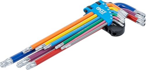 BGS 74465 | Winkelschlüssel-Satz | T-Profil (für Torx) mit Bohrung | 9-tlg. | T10 - T50 | extra lang | Kugelkopf am langen Ende | Multicolour | Chrom-Vanadium-Stahl (S2) | Kunststoff-Klapphalter