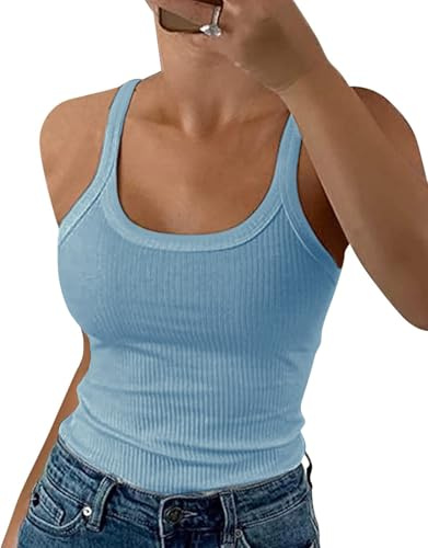 DUOEASE spagettitopp damer sommar 2025 ribbad rund hals tank topp basic enfärgad slim fit stretch top, Blågrå, M