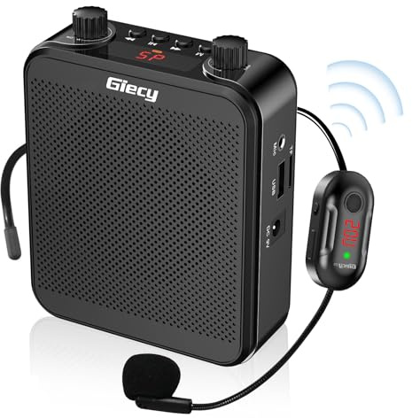 Giecy Bärbar röstförstärkare med trådlös mikrofon, UHF, uppladdningsbart batteri, 2 800 mAh, kraftfullt ljudsystem för lärare, guider, tränare, presentatörer