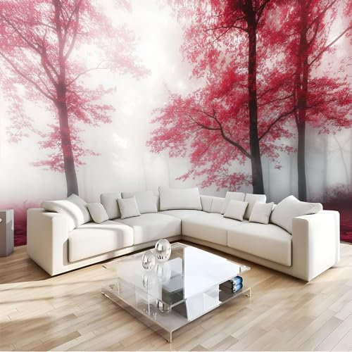 JEDTAKCT 350X256Cm Seidetapete Nebeliger Roter Waldtapete Elegance Tapete Im Psychedelische Pflanzen Design Tapete Wandtapete Wohnzimmer Schlafzimmer Flur Strukturtapete