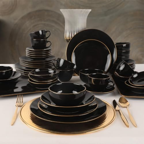 Elegante juego de cena de cerámica de 44 piezas, color negro, antibacteriano, respetuoso con el medio ambiente, fácil de limpiar, apto para lavavajillas y microondas, perfecto para cenas modernas