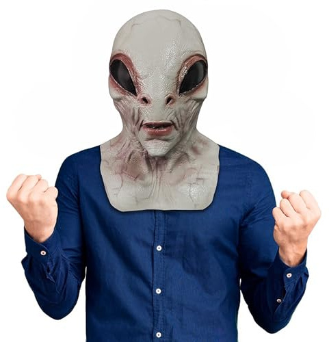 BEJOYFMY Alien Maske, Angst Latex UFO ET Dress Up Kopfmasken Kopfschmuck Kostüm für Halloween Cosplay Party Requisiten - Grau
