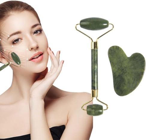KYLOS Gua Sha e Rullo in Giada per Viso e Corpo - Set Massaggio Lifting e Antirughe - Giada Autentica per Rilassamento e Bellezza - Idea Regalo Perfetta per Donne
