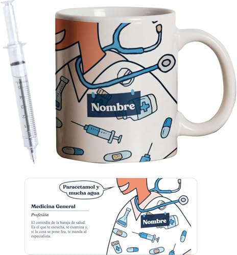 PROMO SHOP - Taza Original Personalizada con Nombre, Pack Regalo con Bolígrafo Jeringuilla (No Personalizado), Tazas de Regalo de Medicina, Tazas Profesiones de Salud, Taza de Desayuno, Diseño Único