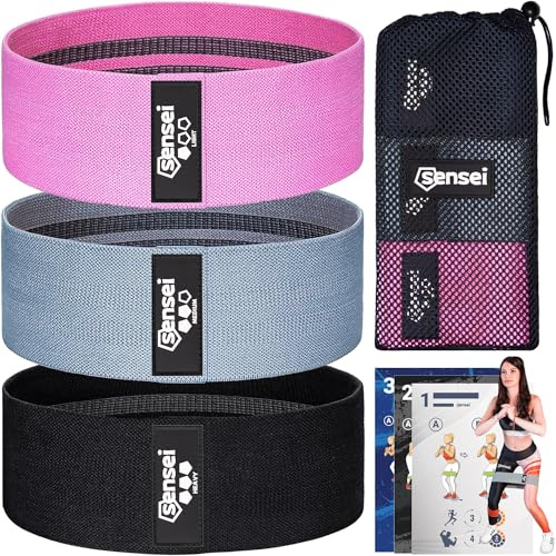 SENSEI® Elastique de Fitness Set – 3 Bandes d’Entraînement Élastiques Antidérapantes pour Fessiers, Jambes, Pilates & Musculation