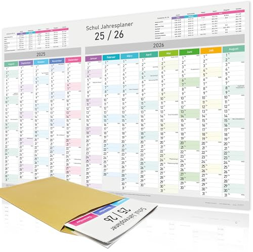 XXL Schuljahreskalender 2025/2026 - Wandkalender - Jahresplaner Schule A1 (84x59 cm), Wandplaner mit Kalenderwochen, Feiertagen & Ferien - Großformat Kalender für Schule, gefalzt Wall Calendar 25/26