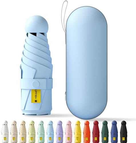 Betrynidil Paraguas Plegable Ultra Compacto y Portátil para Viaje, Protección UV 99% e Impermeable para Hombres y Mujeres Con caja de almacenamiento (Azul cielo)